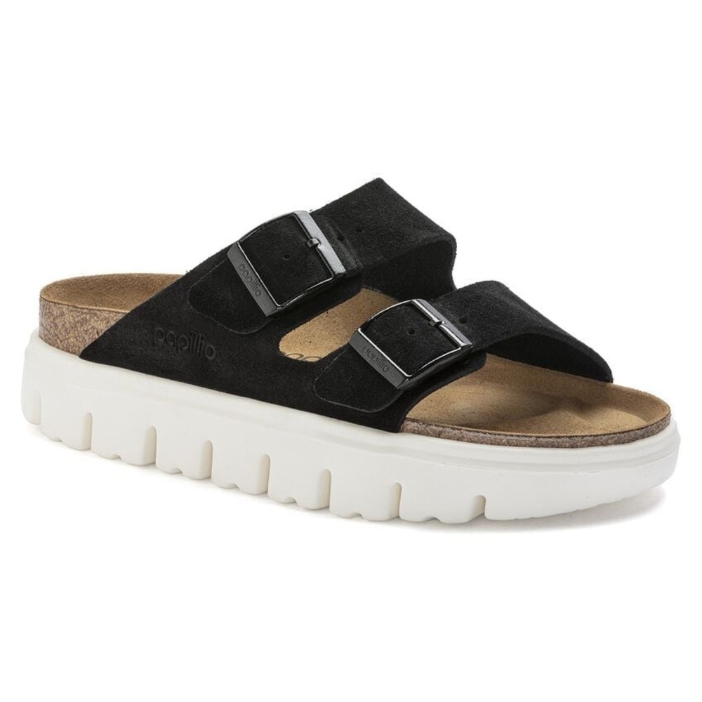 Birkenstock Black Suede Two-Strap Platform Sandal with White Sole